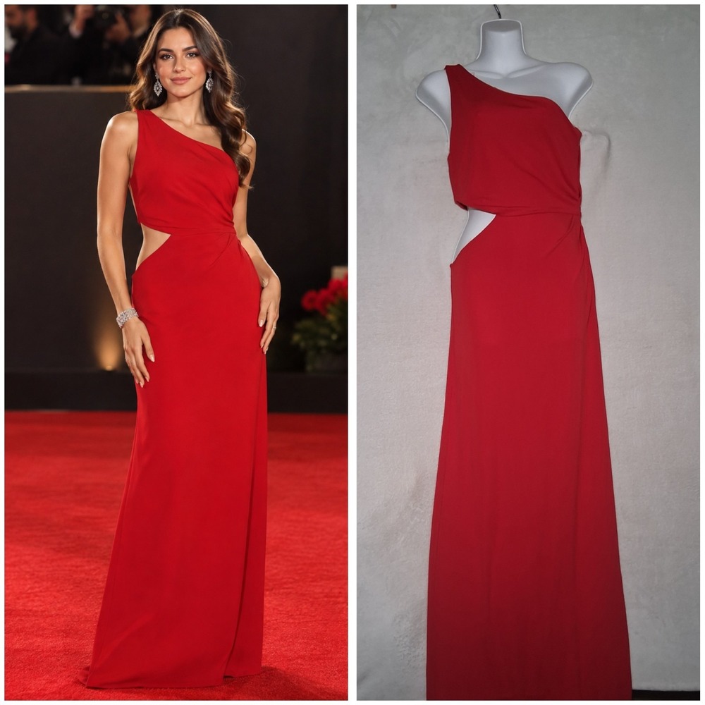 Ramy Brook Red One-Shoulder Cutout Ruched Long Gown Classic Formal Elegance Sz 8
